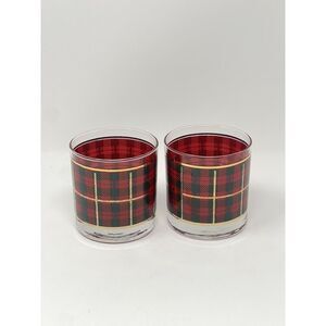 Vintage Crowning Touch Red Green Scottish Tartan Plaid Lowball Glasses Set Of 2